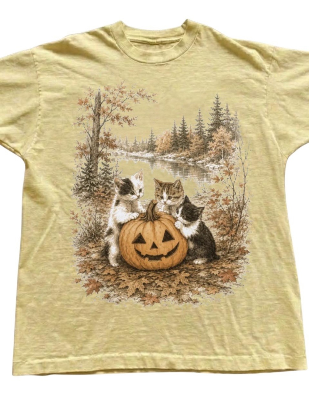 Gildan Yellow Tee with Kittens and Jack-O'-Lantern Graphic, Gift For Her, Him